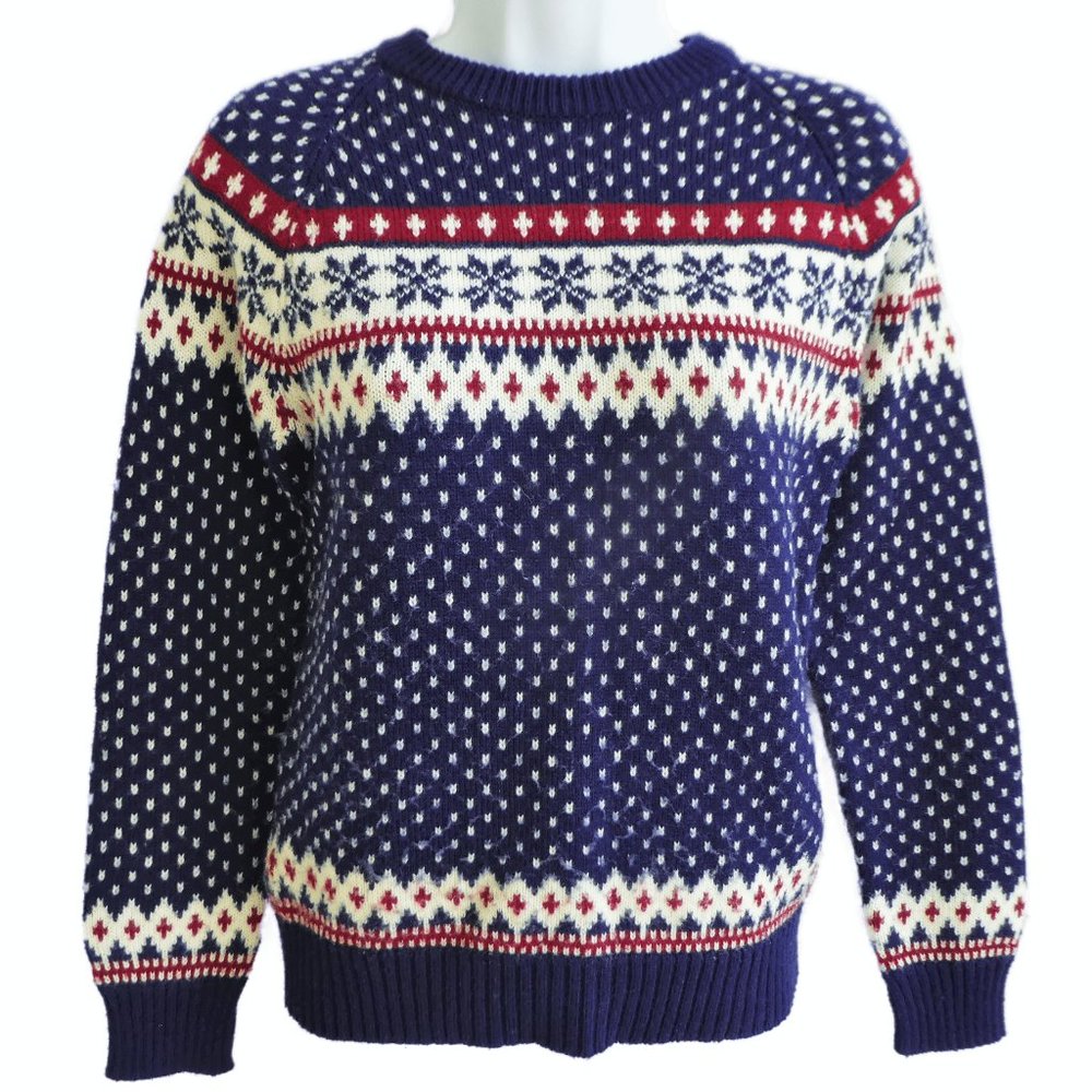 Vintage 70s Fair Isle Knit Sweater Birdseye Snowflakes Acrylic Red White Blue